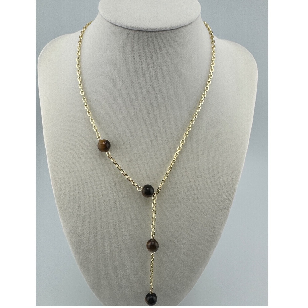 Gold Tone‎ Tiger's Eye Bead Lariat Y-Drop Necklace Adjustable Cable Chain